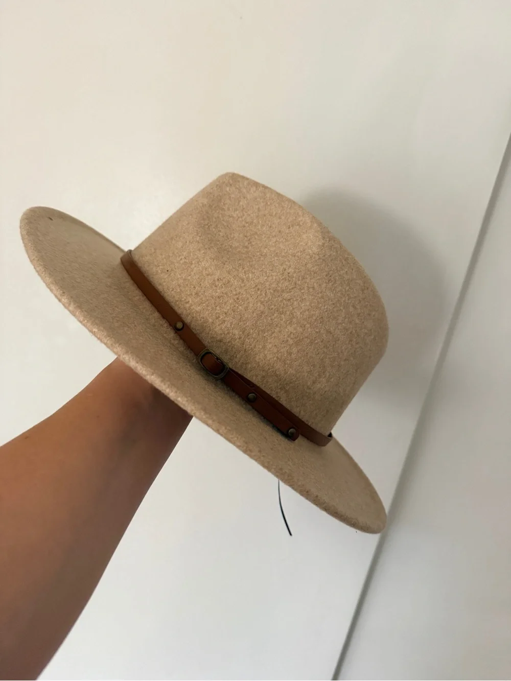 Beige Wool Rancher Hat with Brown Leather Band